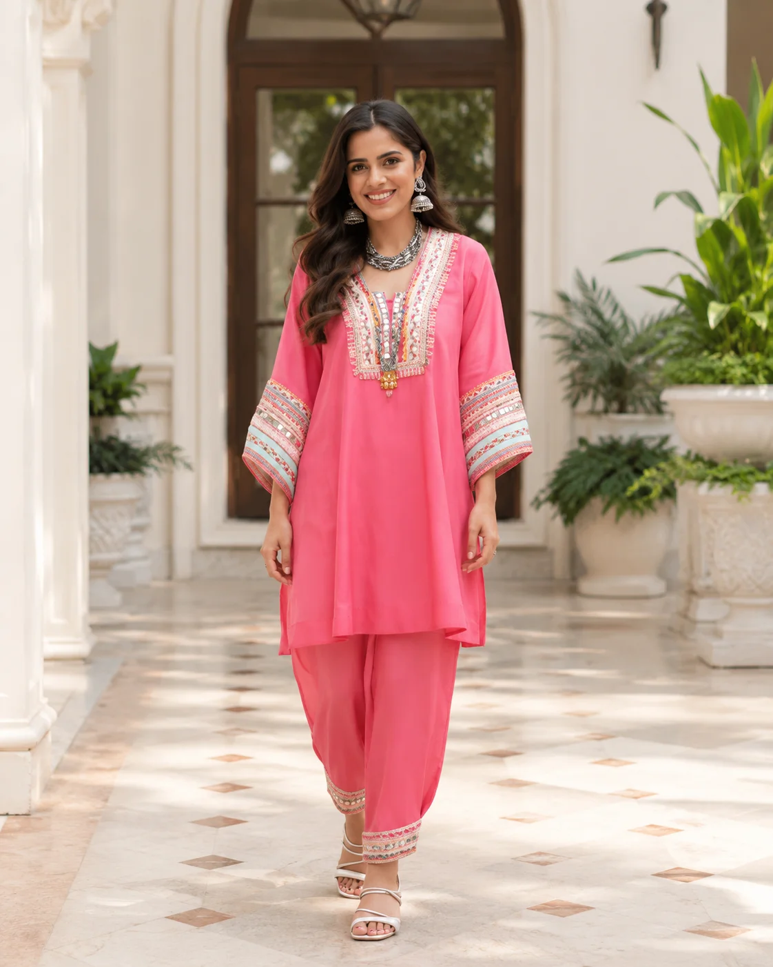 Pink Embroidered mul chanderi Coord Suit