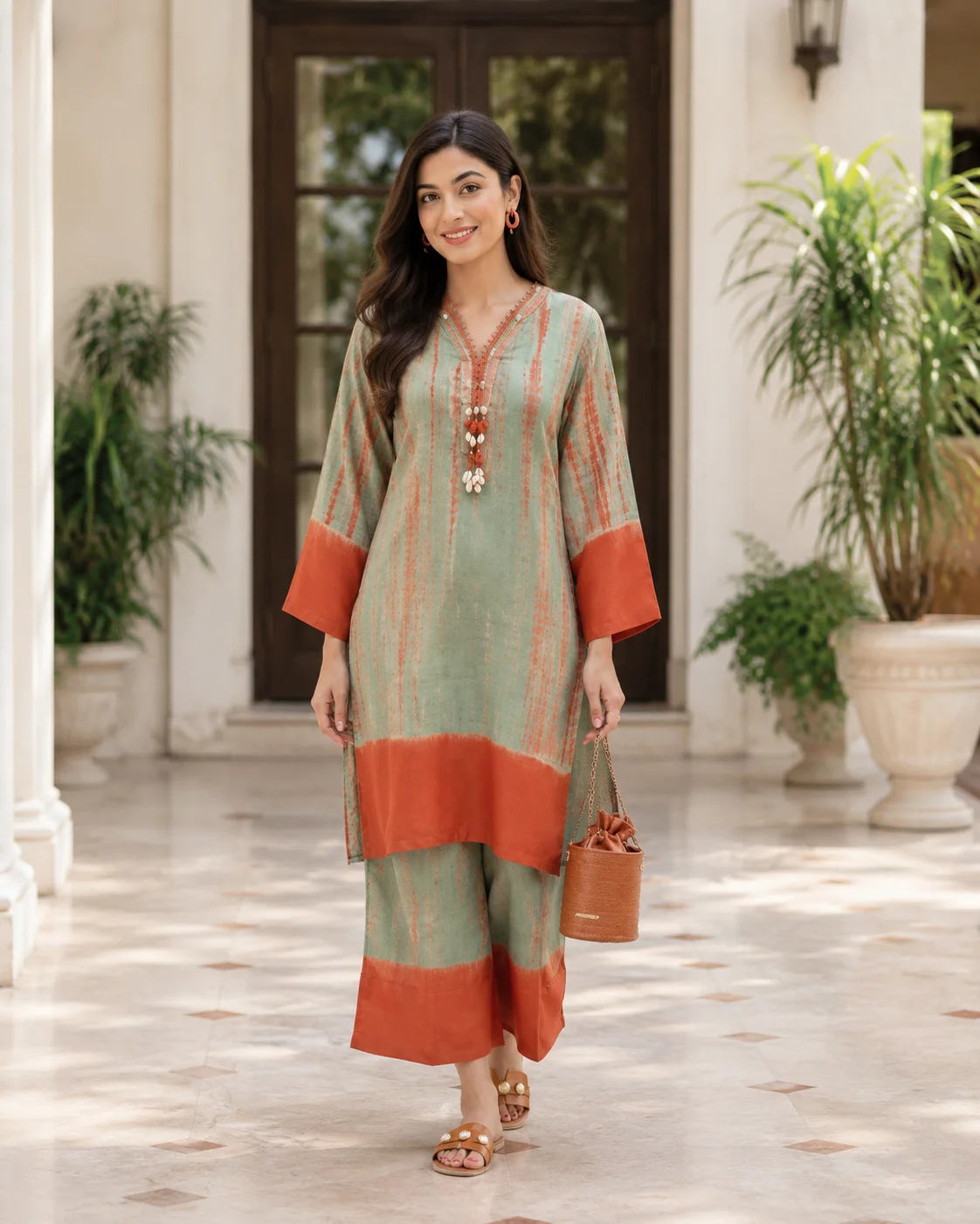 Sage Green & Rust Printed Kurta Set