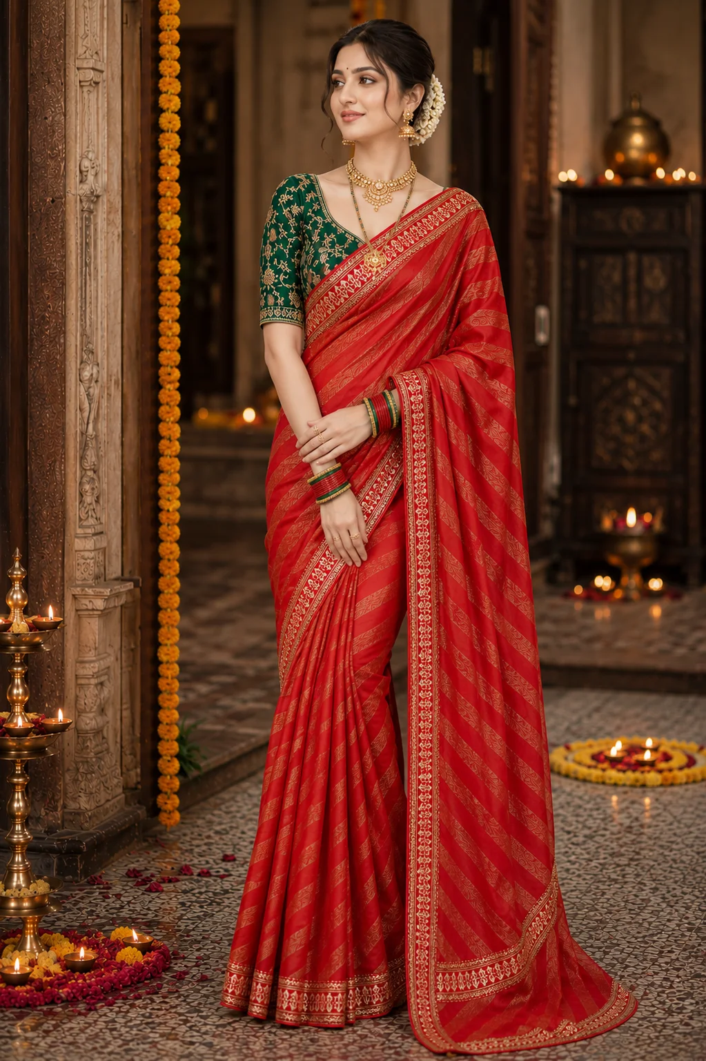 Chiffon saree with golden border & embroider blouse