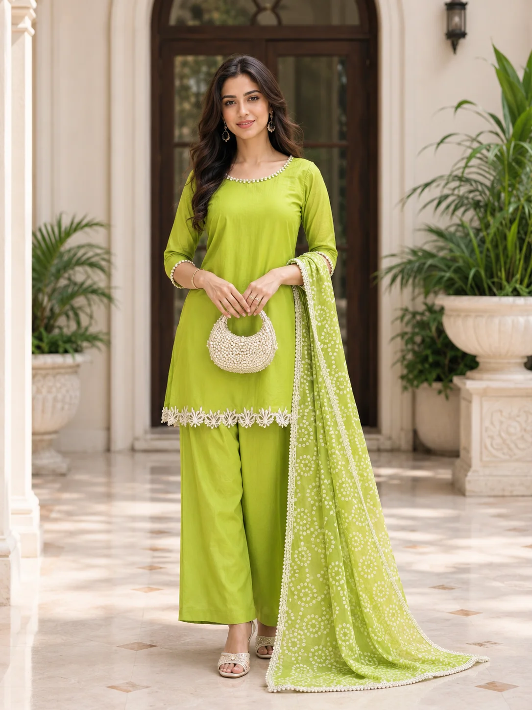 Lime Green Lace Work Suit with Printed Dupatta