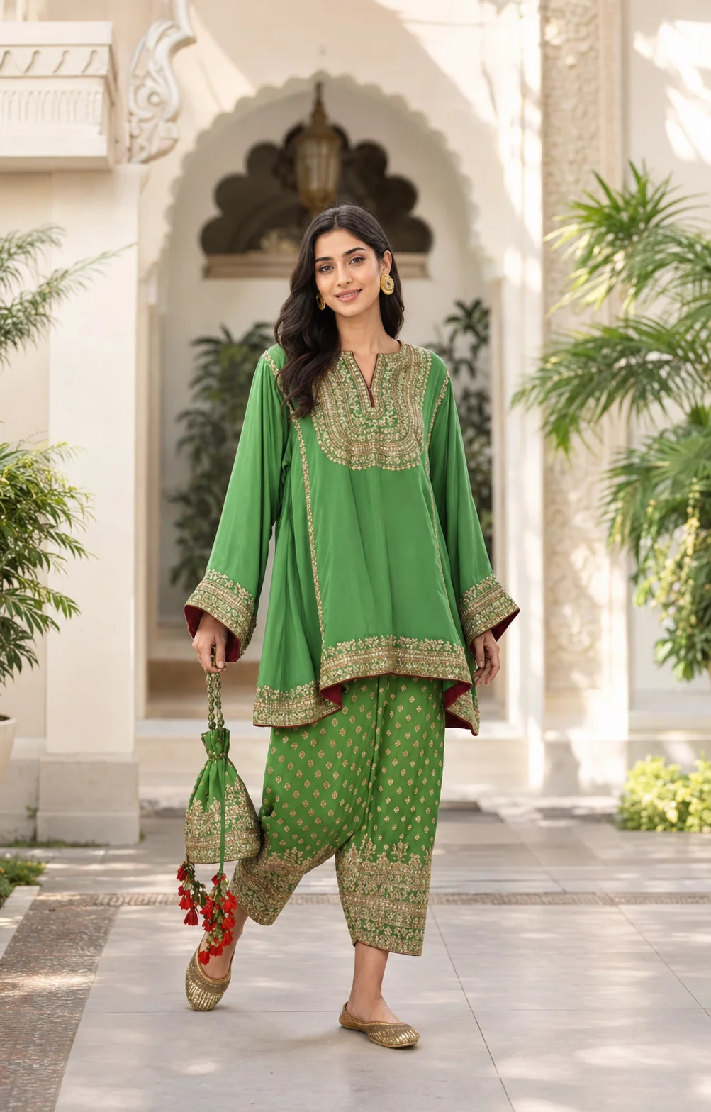 Green Embroidered Kurta with Dhoti Pants
